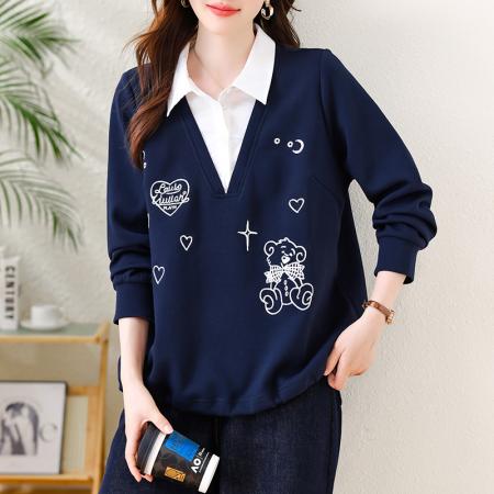 FA47317# 时尚刺绣假两件卫衣女秋季新款宽松上衣欧洲站大码气质  服裝批發女裝批發服飾貨源