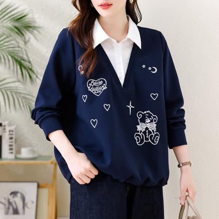 FA47317# 时尚刺绣假两件卫衣女秋季新款宽松上衣欧洲站大码气质  服裝批發女裝批發服飾貨源