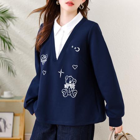 FA47317# 时尚刺绣假两件卫衣女秋季新款宽松上衣欧洲站大码气质  服裝批發女裝批發服飾貨源