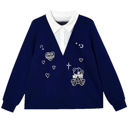 FA47317# 时尚刺绣假两件卫衣女秋季新款宽松上衣欧洲站大码气质  服裝批發女裝批發服飾貨源