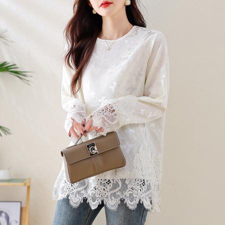 FA47319# 圆领蕾丝拼接提花雪纺衫秋季慵懒气质百搭洋气减龄上衣  服裝批發女裝批發服飾貨源
