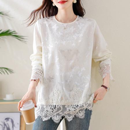 FA47319# 圆领蕾丝拼接提花雪纺衫秋季慵懒气质百搭洋气减龄上衣  服裝批發女裝批發服飾貨源