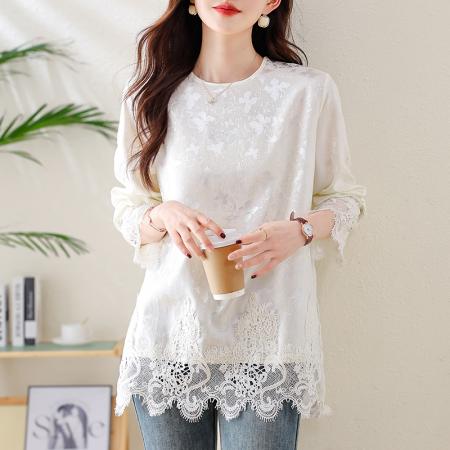 FA47319# 圆领蕾丝拼接提花雪纺衫秋季慵懒气质百搭洋气减龄上衣  服裝批發女裝批發服飾貨源