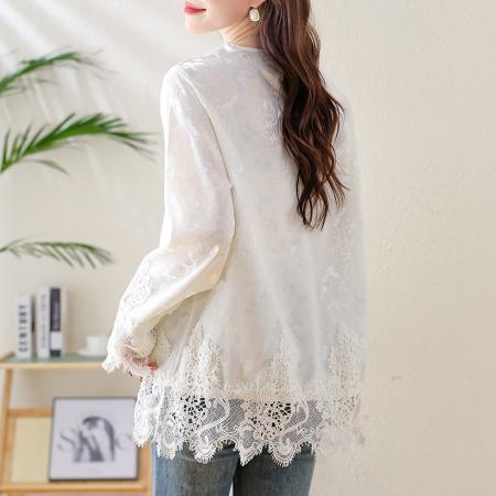 FA47319# 圆领蕾丝拼接提花雪纺衫秋季慵懒气质百搭洋气减龄上衣  服裝批發女裝批發服飾貨源