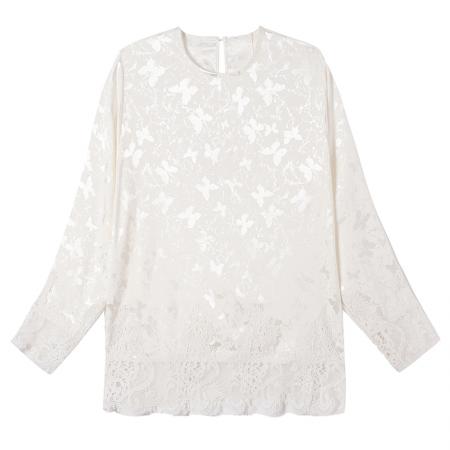 FA47319# 圆领蕾丝拼接提花雪纺衫秋季慵懒气质百搭洋气减龄上衣  服裝批發女裝批發服飾貨源