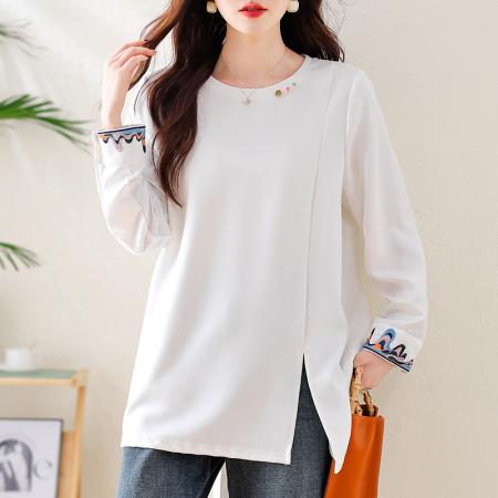 FA47320# 国风刺绣提花拼接T恤女秋季时尚大码女装新款宽松上衣  服裝批發女裝批發服飾貨源