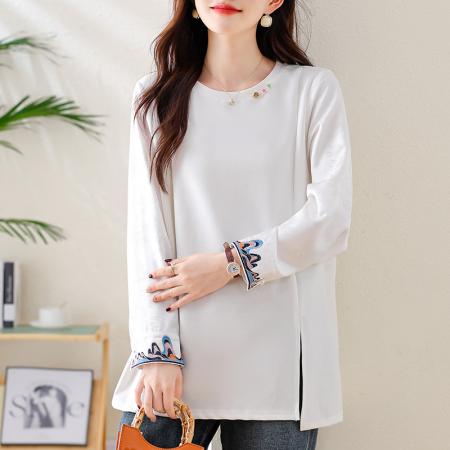 FA47320# 国风刺绣提花拼接T恤女秋季时尚大码女装新款宽松上衣  服裝批發女裝批發服飾貨源