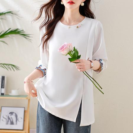 FA47320# 国风刺绣提花拼接T恤女秋季时尚大码女装新款宽松上衣  服裝批發女裝批發服飾貨源