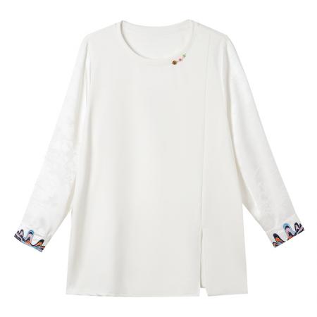 FA47320# 国风刺绣提花拼接T恤女秋季时尚大码女装新款宽松上衣  服裝批發女裝批發服飾貨源