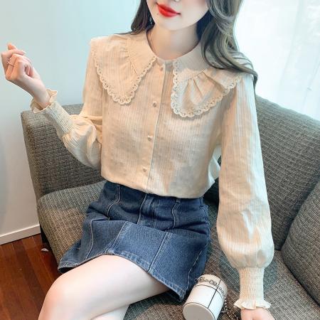 FA47324# 新款甜美衬衫春秋长袖灯笼袖单排扣H型  服裝批發女裝批發服飾貨源