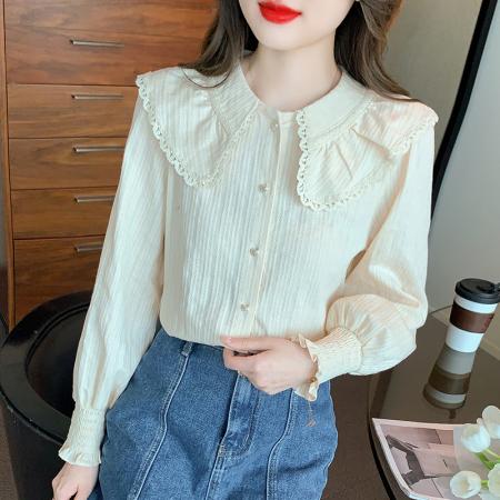 FA47324# 新款甜美衬衫春秋长袖灯笼袖单排扣H型  服裝批發女裝批發服飾貨源