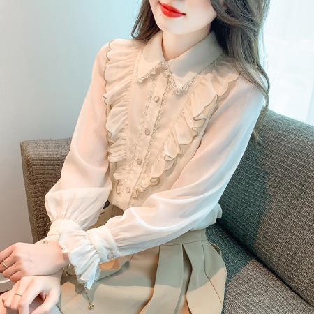 FA47325# 新款衬衫喇叭袖甜美春秋淑女娃娃领长袖标准单排扣  服裝批發女裝批發服飾貨源