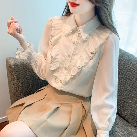 FA47325# 新款衬衫喇叭袖甜美春秋淑女娃娃领长袖标准单排扣  服裝批發女裝批發服飾貨源