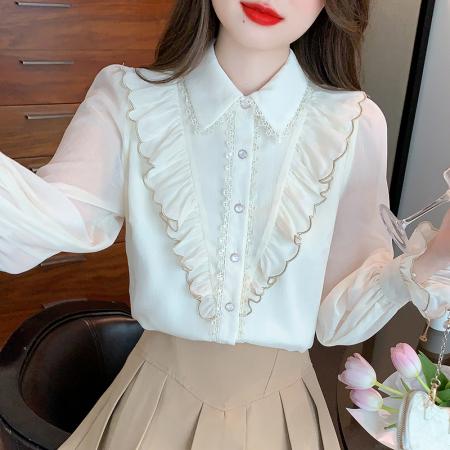 FA47325# 新款衬衫喇叭袖甜美春秋淑女娃娃领长袖标准单排扣  服裝批發女裝批發服飾貨源
