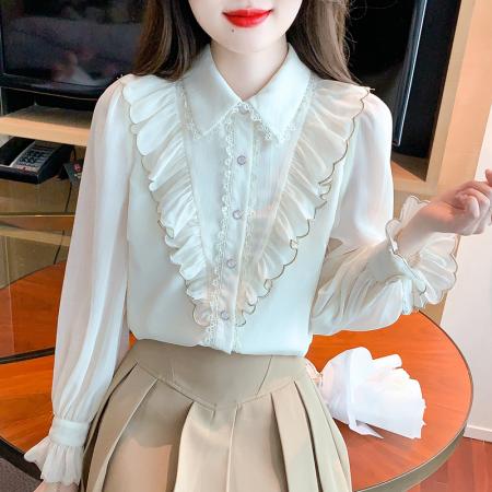 FA47325# 新款衬衫喇叭袖甜美春秋淑女娃娃领长袖标准单排扣  服裝批發女裝批發服飾貨源