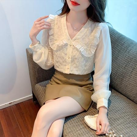 FA47326# 衬衫韩版娃娃领灯笼袖雪纺淑女春秋长袖标准  服裝批發女裝批發服飾貨源