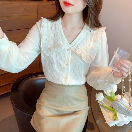 FA47326# 衬衫韩版娃娃领灯笼袖雪纺淑女春秋长袖标准  服裝批發女裝批發服飾貨源