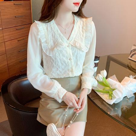 FA47326# 衬衫韩版娃娃领灯笼袖雪纺淑女春秋长袖标准  服裝批發女裝批發服飾貨源