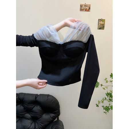 FA47329# 设计感小众独特漂亮内搭修身上衣高级感巨好看深灰色网纱t恤女秋  服裝批發女裝批發服飾貨源