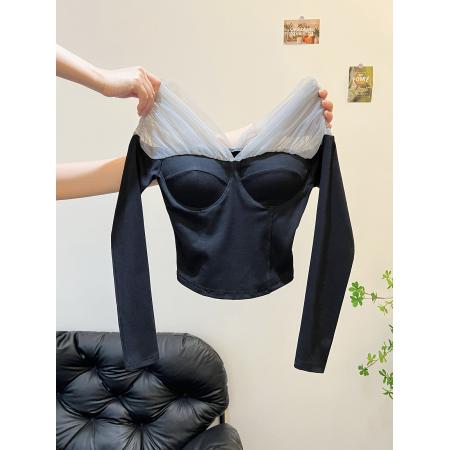 FA47329# 设计感小众独特漂亮内搭修身上衣高级感巨好看深灰色网纱t恤女秋  服裝批發女裝批發服飾貨源