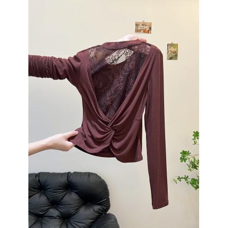 FA47330# 早秋新款爆款巨好看小众不撞款绝美韩系漂亮气质咖色露背上衣  服裝批發女裝批發服飾貨源