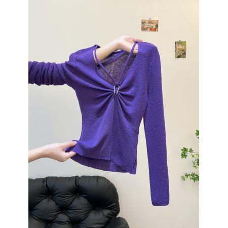 FA47331# 1纯欲甜辣妹收腰修身v领长袖针织衫女设计感独特复古紫色上衣  服裝批發女裝批發服飾貨源