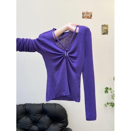 FA47331# 1纯欲甜辣妹收腰修身v领长袖针织衫女设计感独特复古紫色上衣  服裝批發女裝批發服飾貨源