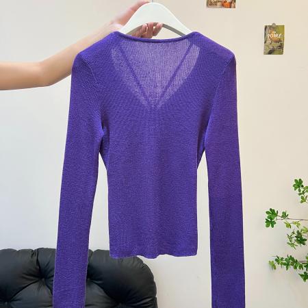 FA47331# 1纯欲甜辣妹收腰修身v领长袖针织衫女设计感独特复古紫色上衣  服裝批發女裝批發服飾貨源