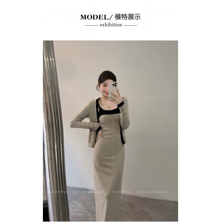 FA47333# 颂宋秋季新款撞色吊带内搭修身显瘦短款长袖开衫两件套  服裝批發女裝批發服飾貨源