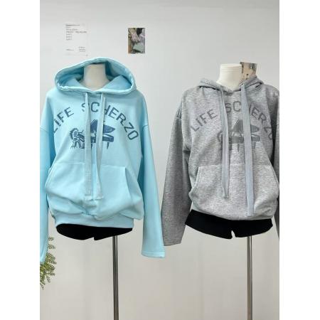 FA47334# 华棉复合连帽磨毛卫衣外套女冬季美式复古宽松慵懒风印花长袖上衣  服裝批發女裝批發服飾貨源