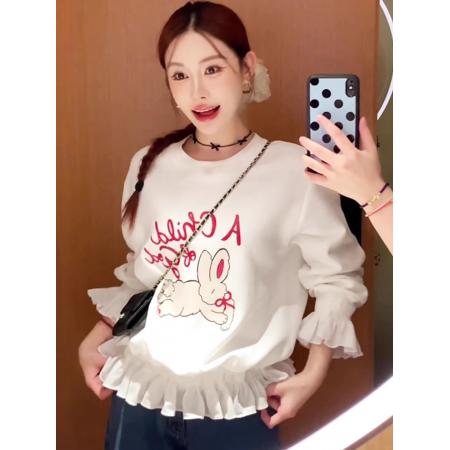 FA47336# 爆款时尚洋气花边长袖圆领卫衣女新款秋季宽松显瘦巨好看上衣  服裝批發女裝批發服飾貨源