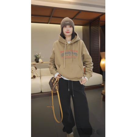 FA47338# 美式复古字母印花连帽加绒卫衣女秋冬新款宽松慵懒风叠穿上衣外套  服裝批發女裝批發服飾貨源