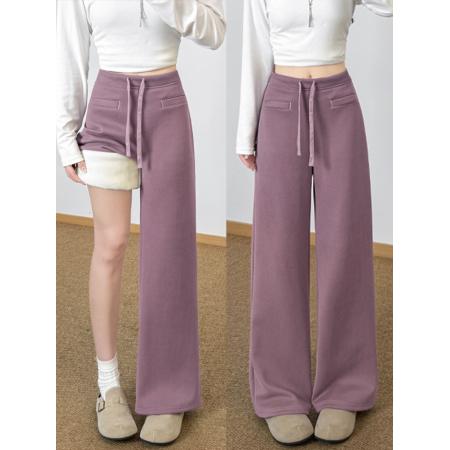 FA47340# 慵懒加绒阔腿裤女秋冬保暖高腰宽松卫裤小个子垂感显瘦运动裤  服裝批發女裝批發服飾貨源