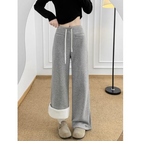 FA47340# 慵懒加绒阔腿裤女秋冬保暖高腰宽松卫裤小个子垂感显瘦运动裤  服裝批發女裝批發服飾貨源