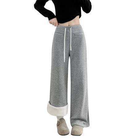 FA47340# 慵懒加绒阔腿裤女秋冬保暖高腰宽松卫裤小个子垂感显瘦运动裤  服裝批發女裝批發服飾貨源