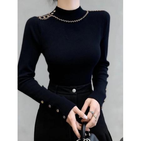 FA47341# 秋冬独特轻奢黑色正肩半高领针织打底衫女毛衣设计感法式上衣内搭  服裝批發女裝批發服飾貨源