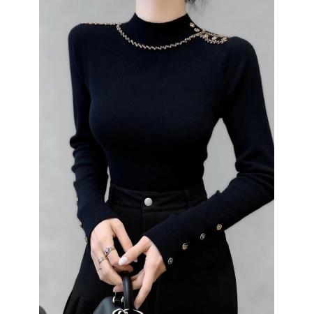 FA47341# 秋冬独特轻奢黑色正肩半高领针织打底衫女毛衣设计感法式上衣内搭  服裝批發女裝批發服飾貨源