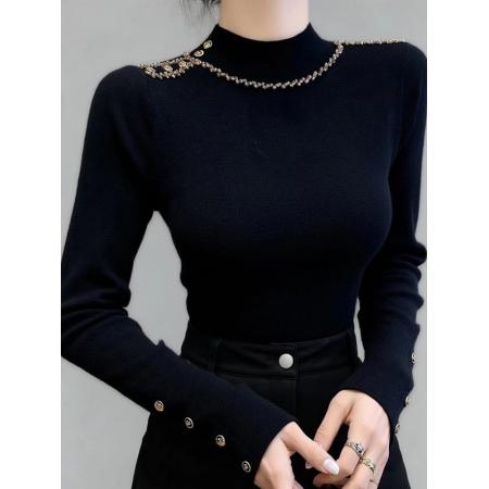 FA47341# 秋冬独特轻奢黑色正肩半高领针织打底衫女毛衣设计感法式上衣内搭  服裝批發女裝批發服飾貨源