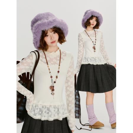 FA47342# 人棉抓毛美式复古蕾丝花边假两件长袖t恤女秋季新款修身显瘦上衣  服裝批發女裝批發服飾貨源