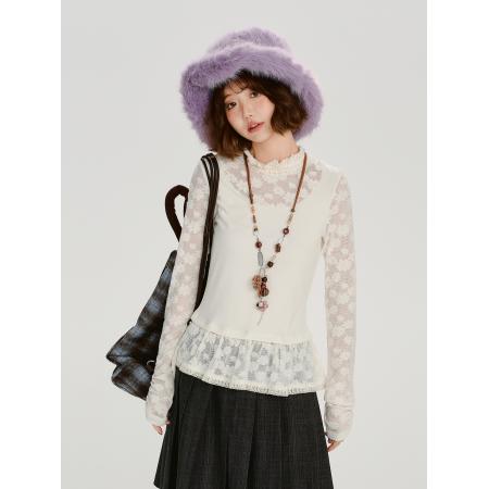 FA47342# 人棉抓毛美式复古蕾丝花边假两件长袖t恤女秋季新款修身显瘦上衣  服裝批發女裝批發服飾貨源