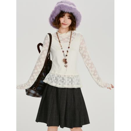 FA47342# 人棉抓毛美式复古蕾丝花边假两件长袖t恤女秋季新款修身显瘦上衣  服裝批發女裝批發服飾貨源