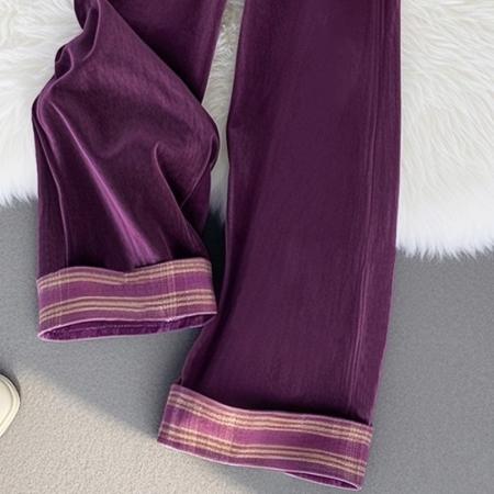 FA47345# 早秋新款紫色灯芯绒阔腿裤女冬季高腰显瘦窄版直筒休闲长裤子  服裝批發女裝批發服飾貨源