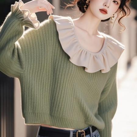 FA47346# 慵懒高级感独特超好看奶呼呼软糯宽松绿色荷叶边拼接针织毛衣秋冬  服裝批發女裝批發服飾貨源