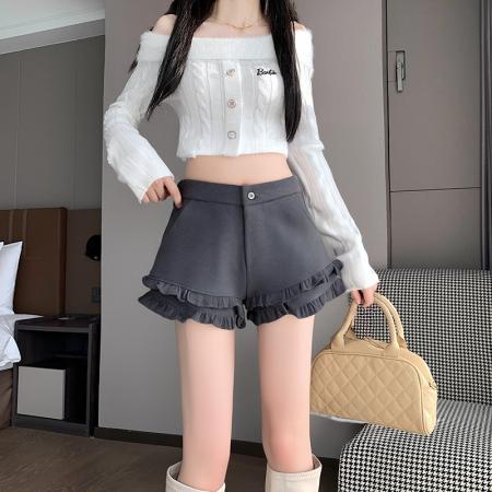 FA47348# 韩版时尚气质百搭木耳边休闲裤春季新款高腰显瘦A字阔腿短裤  服裝批發女裝批發服飾貨源