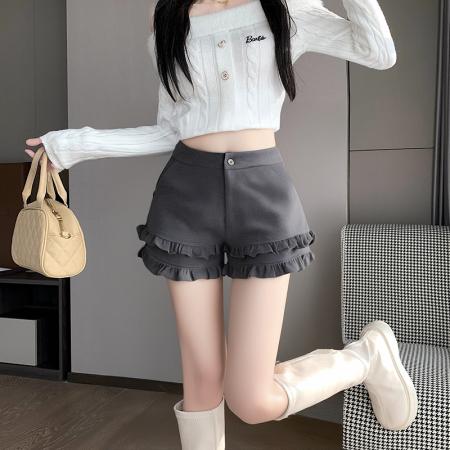 FA47348# 韩版时尚气质百搭木耳边休闲裤春季新款高腰显瘦A字阔腿短裤  服裝批發女裝批發服飾貨源