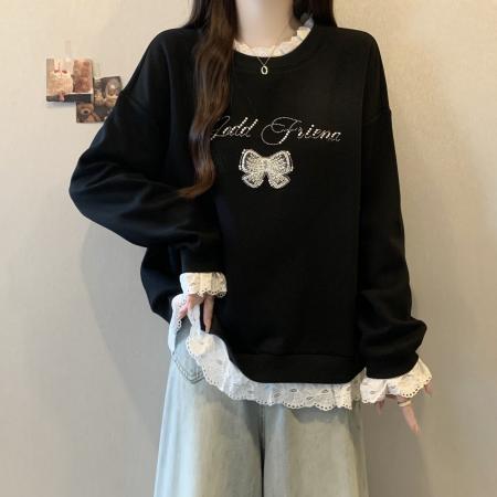 FA47349# 新款大码胖MM秋款设计感拼接蕾丝假两件宽松百搭显瘦卫衣  服裝批發女裝批發服飾貨源