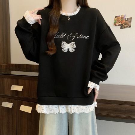 FA47349# 新款大码胖MM秋款设计感拼接蕾丝假两件宽松百搭显瘦卫衣  服裝批發女裝批發服飾貨源