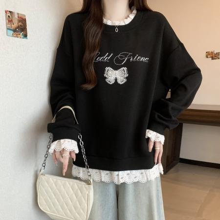 FA47349# 新款大码胖MM秋款设计感拼接蕾丝假两件宽松百搭显瘦卫衣  服裝批發女裝批發服飾貨源