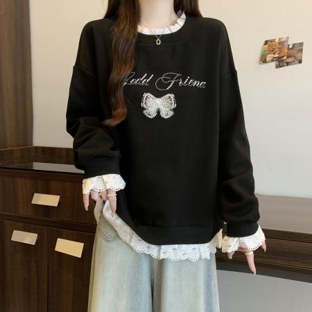 FA47349# 新款大码胖MM秋款设计感拼接蕾丝假两件宽松百搭显瘦卫衣  服裝批發女裝批發服飾貨源