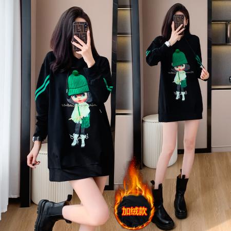 FA47350# 设计感洋气减龄显瘦加绒时尚休闲连帽中长款卫衣大码百搭韩版外套  服裝批發女裝批發服飾貨源